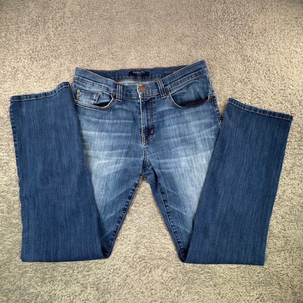 Fidelity Denim Jimmy Slim Straight Jeans Mens 34 Blue Medium Wash Made in USA